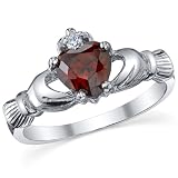 Sterling Silver 925 Irish Claddagh Friendship & Love Red Garnet Heart CZ Ring
