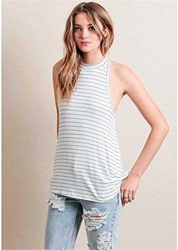 Hezong Women's Round Neck Sleeveless Stripe T-shirt Summer Tank Top Shirt (M)