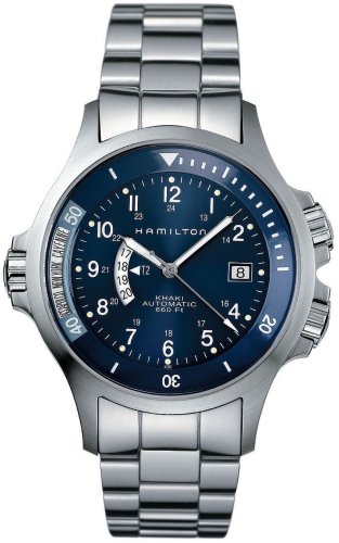 Hamilton Khaki Navy GMT Men's Stainless Steel Case and Bracelet Blue Dial Swiss Automatic Movement Second Time Zone Watch H77655143