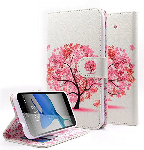 ZTE Quartz Case, Customerfirstm Flip Wallet Pouch, Slim Folio Case with Kickstand, 2 Credit Card Slot, Currency Pocket, Hand Strap - For ZTE Quartz Z797C, - With Key Chain (Pink Tree)