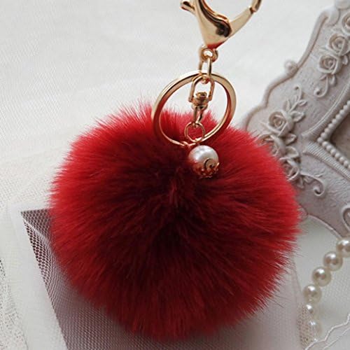 18 K Gold Plated Keychain with Plush Cute Rabbit Fur Ball Keychain for Car Key Ring Handbag Tote Bag 8CM 3.1IN (Wine Red)