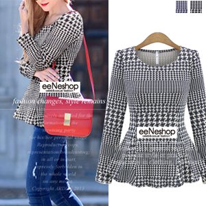 (イイネショップ) eeNeshop ハウンドトゥースチェックフリルカットソー