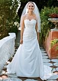 David's Bridal Wedding Dress: Taffeta Side-Drape Gown with Beaded Lace Style WG3011