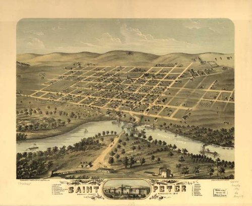Bird's eye view of the city of Saint Peter, Nicollet County, Minnesota 1870. Merchants Lith. Co., large historic panoramic map reprint 44x36