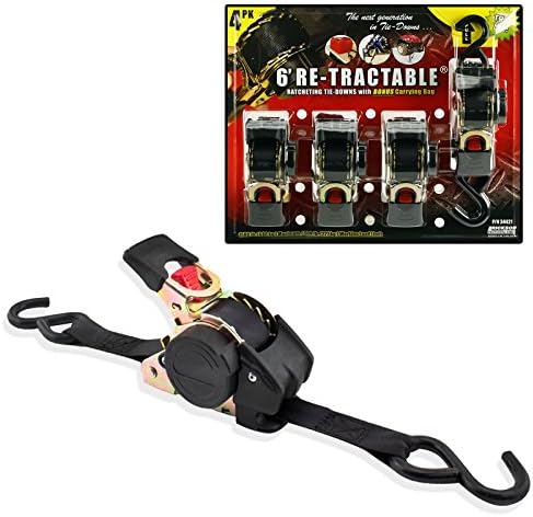 4pc Erickson 1500 LB 1" x 6' Ratcheting Tie Down Straps with Auto-Retract Rewind and Storage Bag