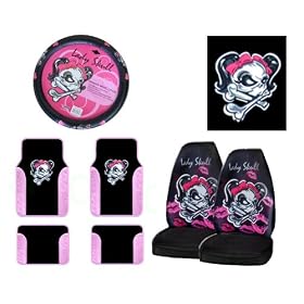 7-Piece Lady Skull Automotive Interior Gift Set - 4 Universal Fit Plush Carpet with Vinyl Trim Floor Mats For Cars / Trucks, 2 Universal-fit Front Bucket Seat Covers and One Comfort Grip Steering Wheel Cover