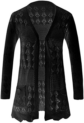 Zerdocean Women's Crochet Knit Lightweight Slim Fit Long Cardigan Black