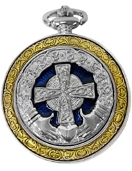 Celtic Pocket Watch Cross Motif Case Roman Numerals with Chain Full Hunter Steampunk Cosplay PW-75