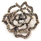 Stunning Jet Black Crystal Rose Brooch (Antique Gold Finish)