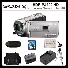 Sony HDRPJ200 Camcorder Kit Includes:Sony HDR-PJ200 High Definition Handycam Camcorder (Silver), Extended Life Battery, Rapid Travel Charger, 8GB Memory Card, Memory Card Reader, Medium Size Tripod, Large Carrying Case & SSE Microfiber Cleaning Cloth