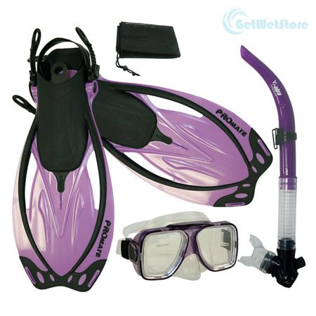 Snorkeling Scuba Dive Snorkel Mask Fins Gear Set, Purple, S/M