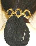 Hand Crocheted Black Rayon Cotton Gimp Small Dress Snood Mounted on French Barrette with Three Antique Gold with Onyx Pearl Buttons Hair Clip