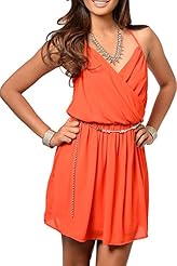 Sexy Chiffon/Polyester Belted Jeweled Flowy Wrap  Dress