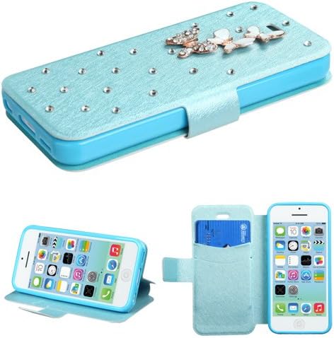 For APPLE iPhone 5C Baby Blue Silk Texture Butterfly ID/Card Wallet Phone Pouch