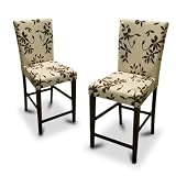 2 New Off White Beige Parson Bar Stools Chairs with a Floral Print and Cappuccino / Espresso Finish Legs