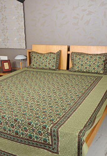 Rajrang Home Cotton Hand Block Printed Floral Green Double Indian Bed Sheets