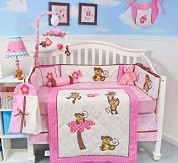 SoHo Pink Monkey Party Baby Crib Nursery Bedding Set 13 pcs included Diaper Bag with Changing Pad & Bottle Case