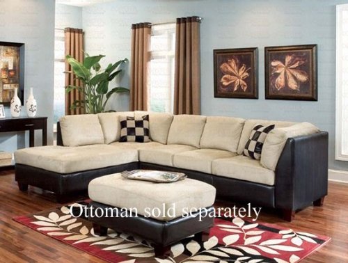 Sectional Sofa Chaise Beige Microfiber Dark Brown Vinyl
