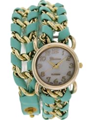 Geneva Platinum Womens 9671.MINT.GOLD Green Leather Quartz Watch with Mother-Of-Pearl Dial