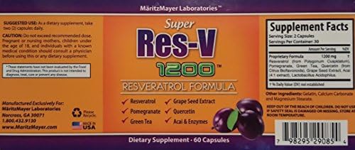 Maximum Strength Resveratrol Super Res-V 1200 mg Contains Green Tea Acai Grape Seed Extract and Other Antioxidants for Anti-Aging and Cardiovascular Health (1 Bottle)