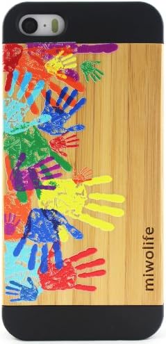 Miwolife(TM) Natural Bamboo Wood Case Cover for iPhone 5/5s with 3D Color Painting Hands Print