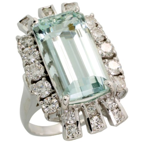 14k White Gold Large Stone Ring, w/ 1.89 Carats Brilliant Cut Diamonds & 8.93 Carats Emerald Cut (17x10mm) Aquamarine Stone, 1 1/8 in. (28mm) wide, size 7.5