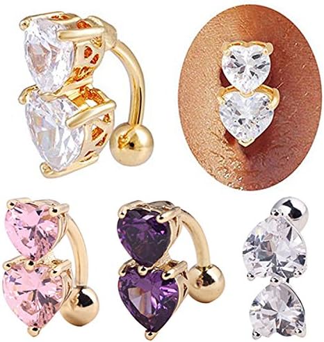 Fashion Two Hearts Button Navel Ring Reverse Crystal Zircon Bar Belly Ring Gold Body Piercing Women Sexy Navel Barbell (Pink)
