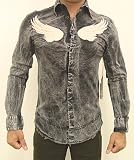 Tattoo Art Embroidered Wings Biker Studded Rocker Shirt, Long Sleeve fitted Rocker Shirt With Wings on chest , studs on back