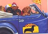 Dachshund Dogs in Car Greeting Cards by Renaud