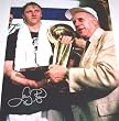 Larry Bird Autographed Boston Celtics 16x20 Color Photo with Red Auerbach and Trophy��
