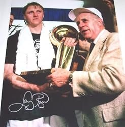 Larry Bird Autographed Boston Celtics 16x20 Color Photo with Red Auerbach and Trophy��