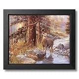 Buck Deer Doe Lake Animal Wildlife Cabin Lodge Picture Framed Art Print by Art Prints Inc
