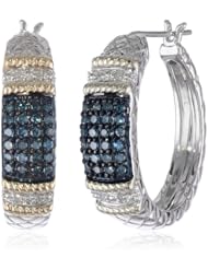 S&G Sterling Silver and 14k Yellow Gold Green Diamond Textured Hoop Earrings