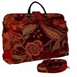 ArtisanStreet's Red Paisley Floral Chenille Carpet Bag with Matching Shoulder Strap. Includes Outside Envelope Pocket at Back. Limited Edition. Use as Overnight Bag or Even as a Briefcase.
