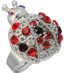Retro Fun Ruby Red Austrian Crystal Ladybug Filigree Fashion Ring - Adjustable Size Fits Most