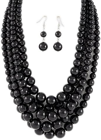 PammyJ Black Bead Multi Strand Graduated Necklace and Earrings Set