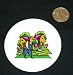 3 button / pin printed with man, buildings, body, individuals, individual, humans, farming, person, shovel, human, farmer, persons, barn, chicken, people, working, farm, house