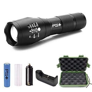 PeakPlus XML T6 5 Modes Zoomable Adjustable Focus Ultra Bright LED Tactical Flashlight Bundle with Battery Holder Battery Charger and Accessories (7 Items)