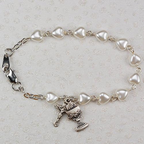 First Communion Rosary Bracelet 6 1/2" White Pearl Heart Brac Br386rw