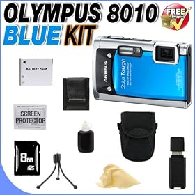 Olympus Stylus Tough-8010 14MP Digital Camera w/ 5x Optical Zoom (Blue) W/8GB SDHC Memory Card + Extended Life LI50B Battery + Deluxe Case w/Strap + USB Card Reader + Memory Card Wallet + Accessory Saver Bundle!