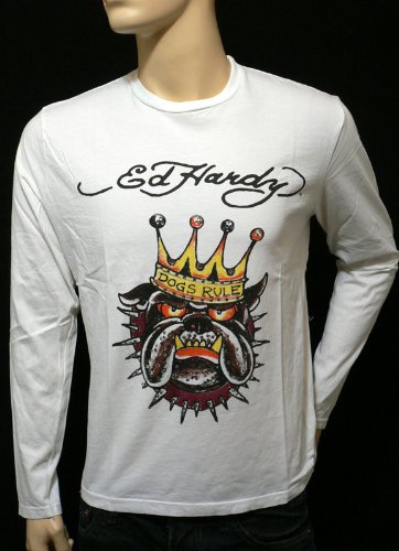 Ed Hardy Men langarm T-Shirt Royal Dog weiß Studs Gr.L