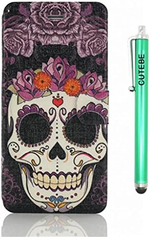 Cutebe Iphone 6 Case - Flowe Cool Head Skull Style Flip Cover Leather Card Stand Wallet Case for iphone 6 4.7 Inch with Touch Stylus Pen