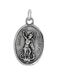 Sterling Silver Saint Michael The Archangel Oval-shaped Medal Pendant, 7/8 inch (23 mm) tall