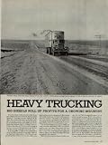 HEAVY TRUCKING: Every day a hundred diesel trucks lumber heavily out of the terminals of Pacific Intermountain Express, (P.I.E.) and onto the broad highways of the West. Over the main line east from Oakland, California they creep up the sides of the Sierras and Rockie, slowly backfire their way downhill and go drumming across the great plains to Chicago. Using a relay team of 10 drivers and traveling at an easy pace, P.I.E. takes loads up to 20 tons over the twisting 2,500 mile route in five days. Tex Houser drove the first leg, Cessna took over at Reno, Maxfield drove into Utah, Prout took Salt Lake run, Duffin drove to Rawlings, Wyoming, Nelson climbed the Rockies, Chergo went on to Kansas, Dalton made run to Kansas City, Thrasher crossed Missouri, Richards drove into Chicago. ..... 1947 LIFE Magazine Article, A5016.