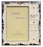 * Deluxe 50th Golden Wedding Anniversary Pearl & Golden Gem Effect Photo Frame Gift *