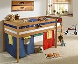 Hochbett Spielbett ERIK buchefarben mit Vorhang & Rollrost