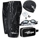 Vocni（ワクニー) メンズ 水着 フィットネス トランクス スイミング用品4点セット 競泳水着 スイミングゴーグル スイムキャップ ノーズクリップ 耳栓4点セット D-01タイプ　ブラック 4XL