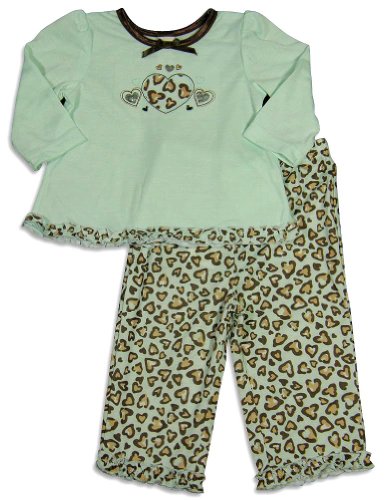Little Me - Infant Girls Long Sleeve Leopard Heart Pajamas, Aqua, Brown
