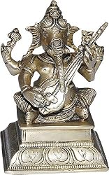 God Ganesha Brass Sculpture Playing Bina 4 x 3 x 5.5 inches