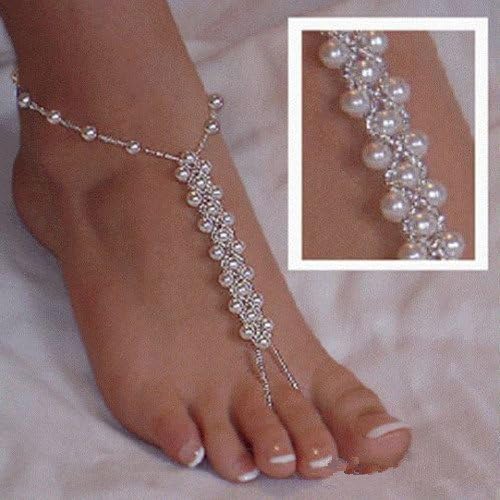 2pcs Fashion Imitation Pearl Diamond Knitted Barefoot Sandals Adorn Extensible Wedding Foot Ring Anklet Chain